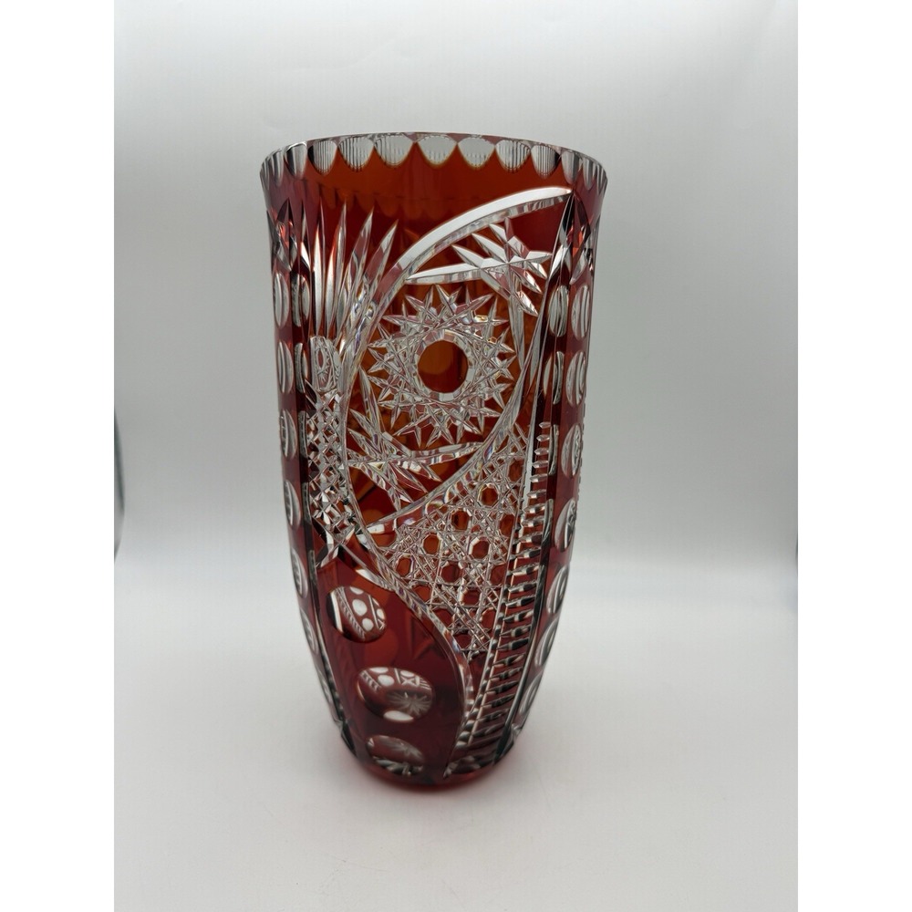 RARE Vintage Cranberry Red Cut to Clear Bohemian Heavy Crystal Vase 10"x 5"